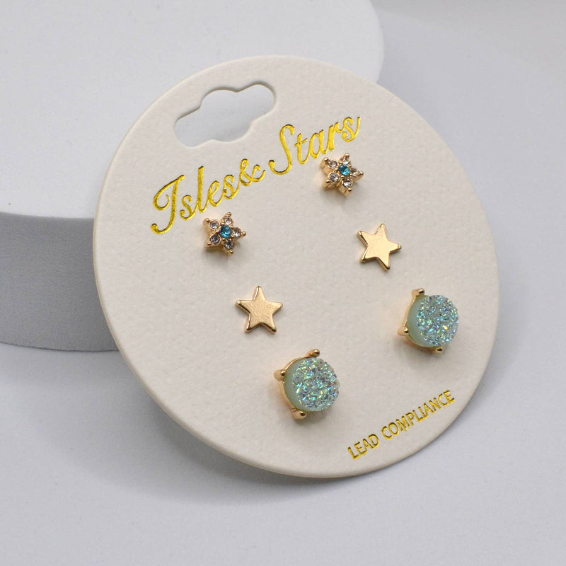 3 Pairs Small Stud Star with Stone/Metal Star/Druzy Earrings: Rose Gold