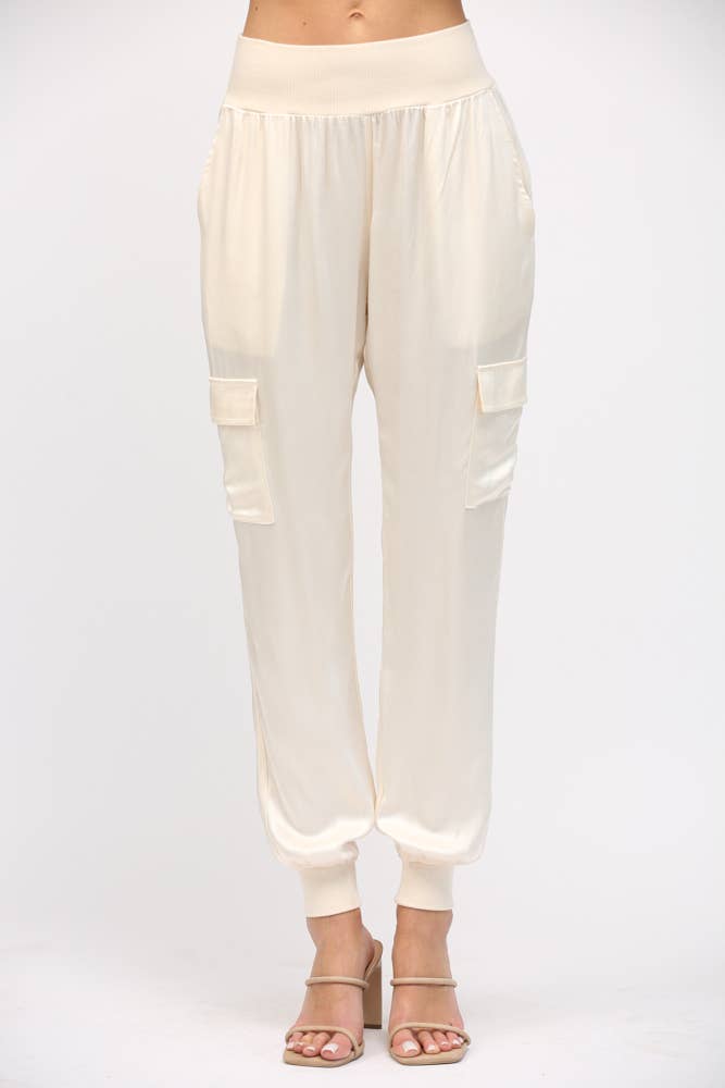 Satin Cargo Jogger Pants in Cream