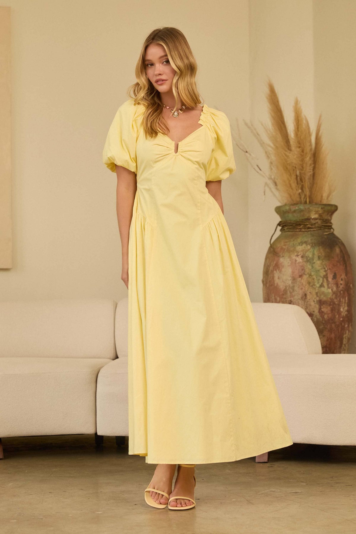 Bubble Short Sleeve Maxi Dress: Butter Yellow / S