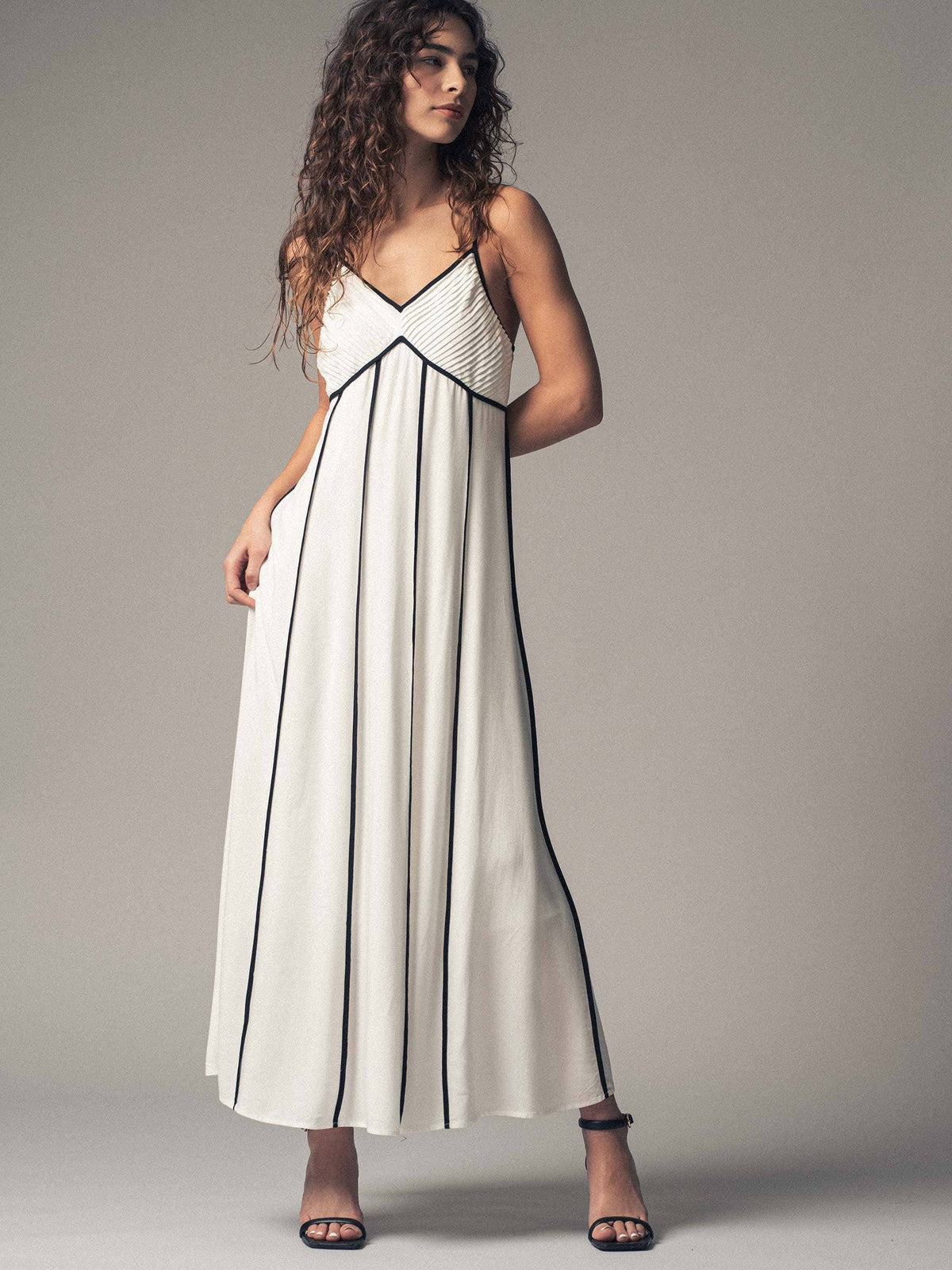Striped White Maxi Dress with Contrast Piping in White/Black Striped White Maxi Dress with Contrast Piping in White/Black