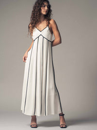 Striped White Maxi Dress with Contrast Piping in White/Black