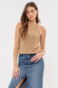 Halter Crochet Knit Tank Top in Tan