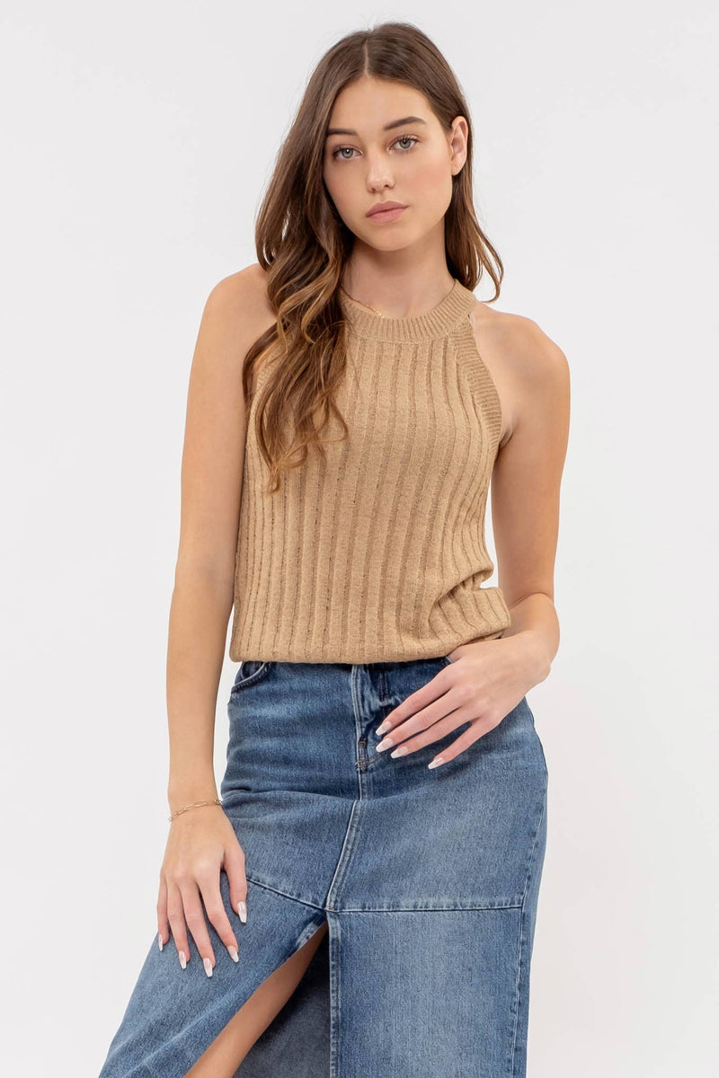 Halter Crochet Knit Tank Top in Tan