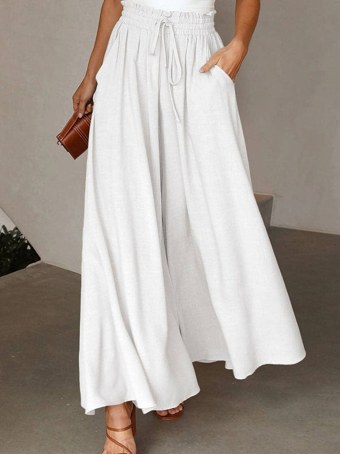 Wide Leg Pants with Drawstring Waist in White
