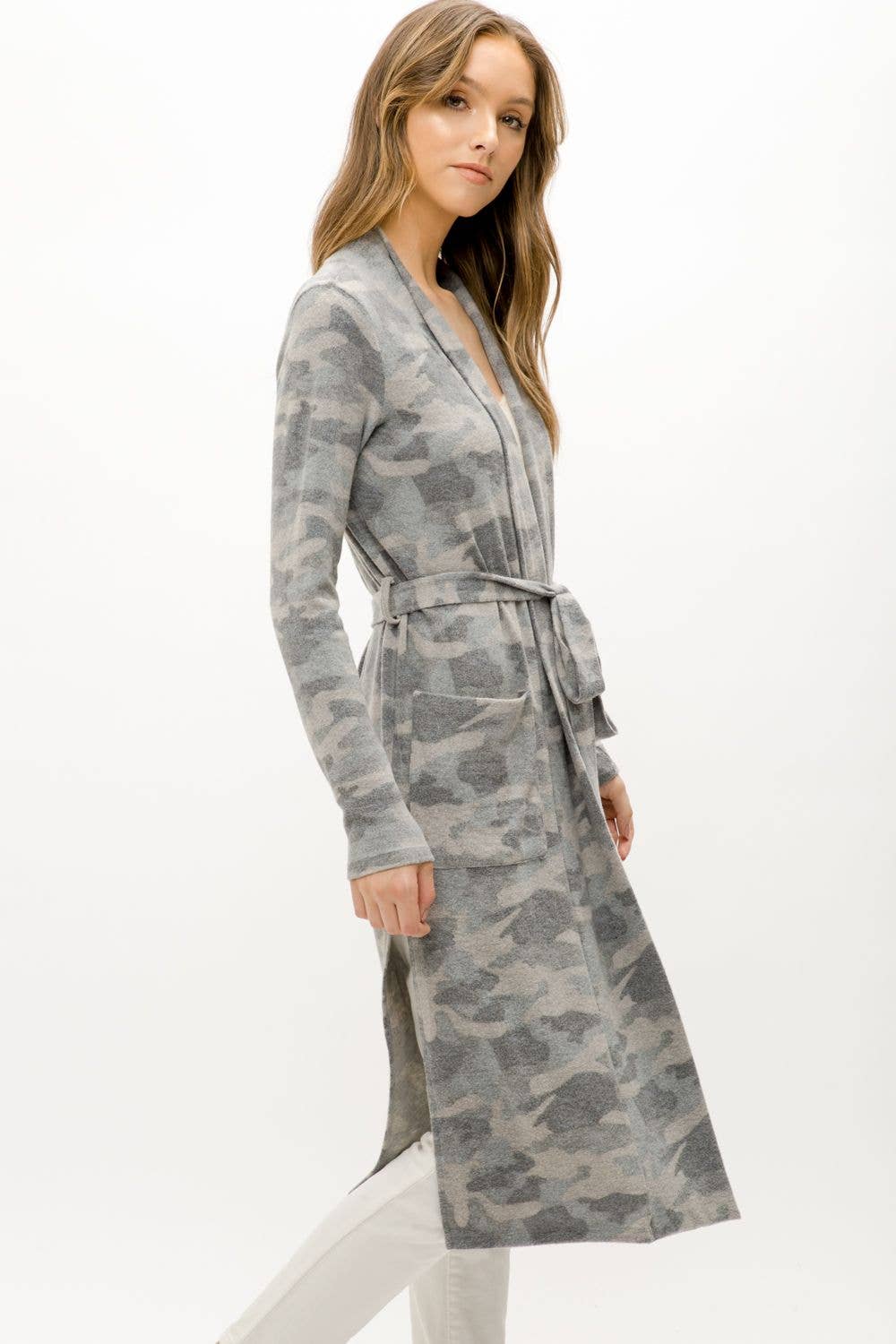 Tie-Waist Long Cardigan in Grey Camo
