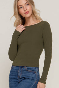 Long Sleeve Boat Neck Top in Olive