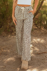 Leopard Drawstring Elastic Waist Pants: Brown
