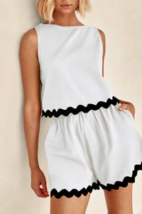 Ricrac Trim Tank Top Elastic Waist Shorts Set in White