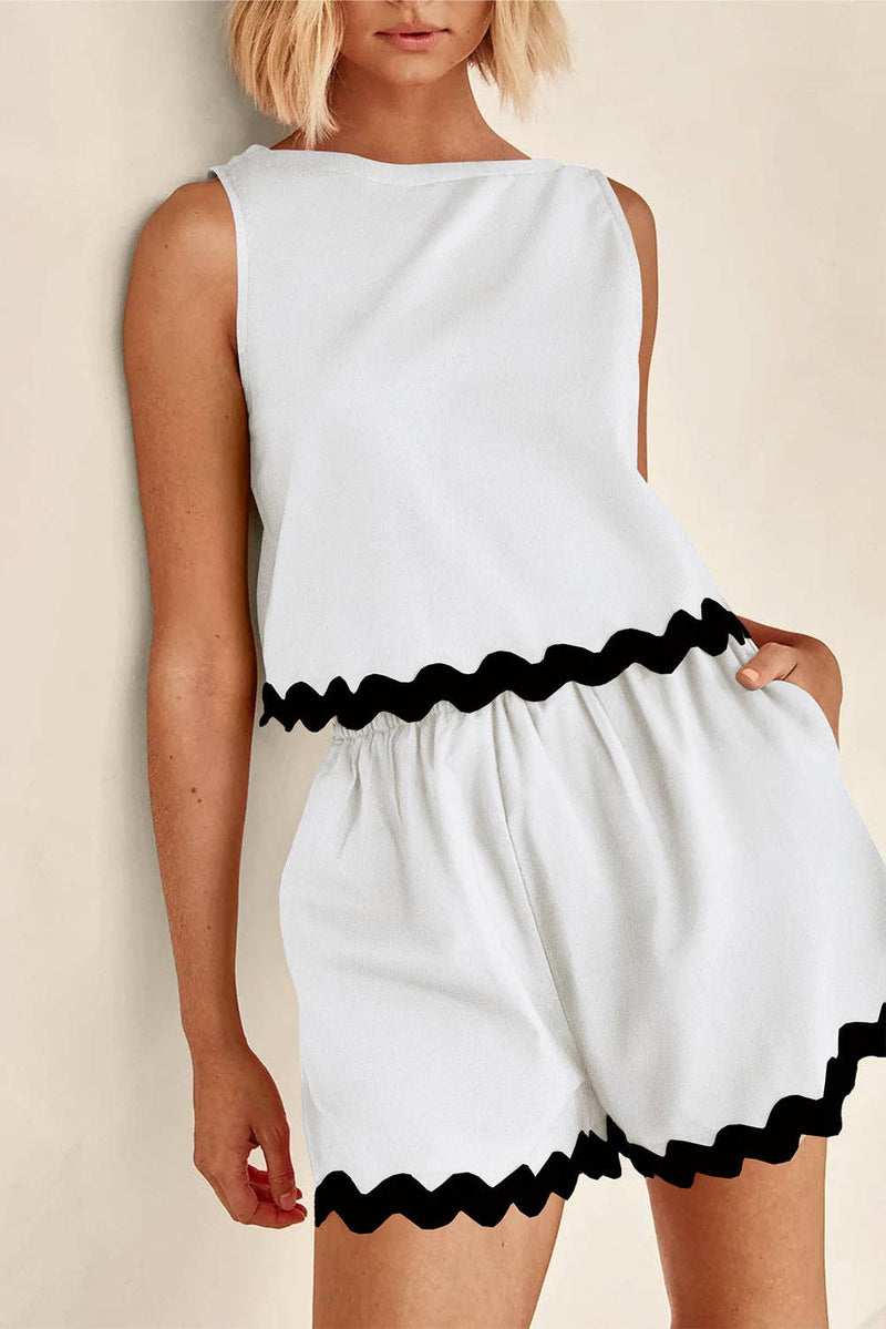 Ricrac Trim Tank Top Elastic Waist Shorts Set in White