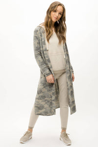Tie-Waist Long Cardigan in Grey Camo