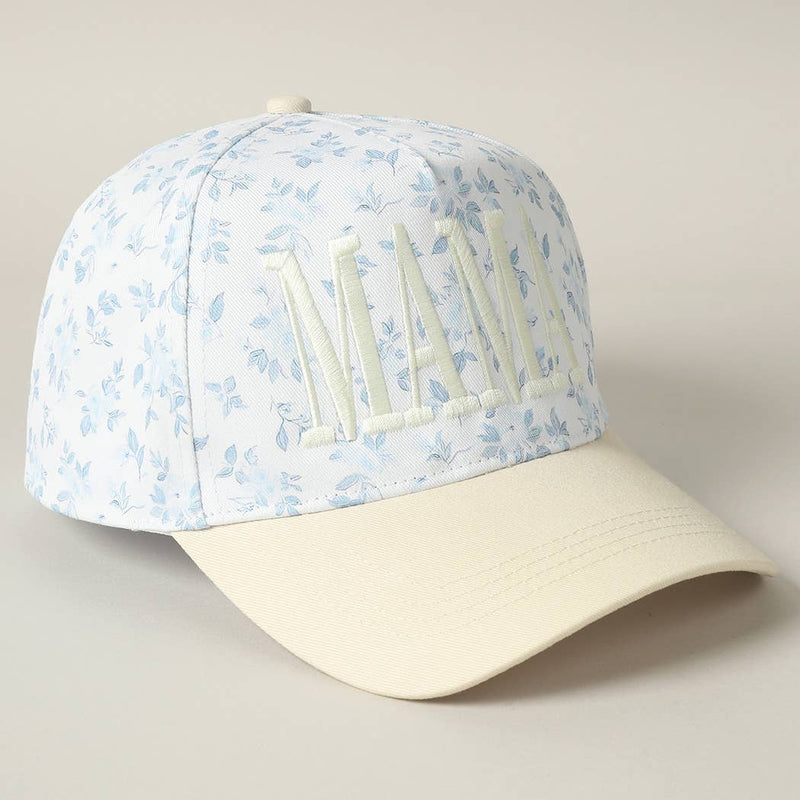 Mama Embroidered Floral Trucker Hat in White/Beige