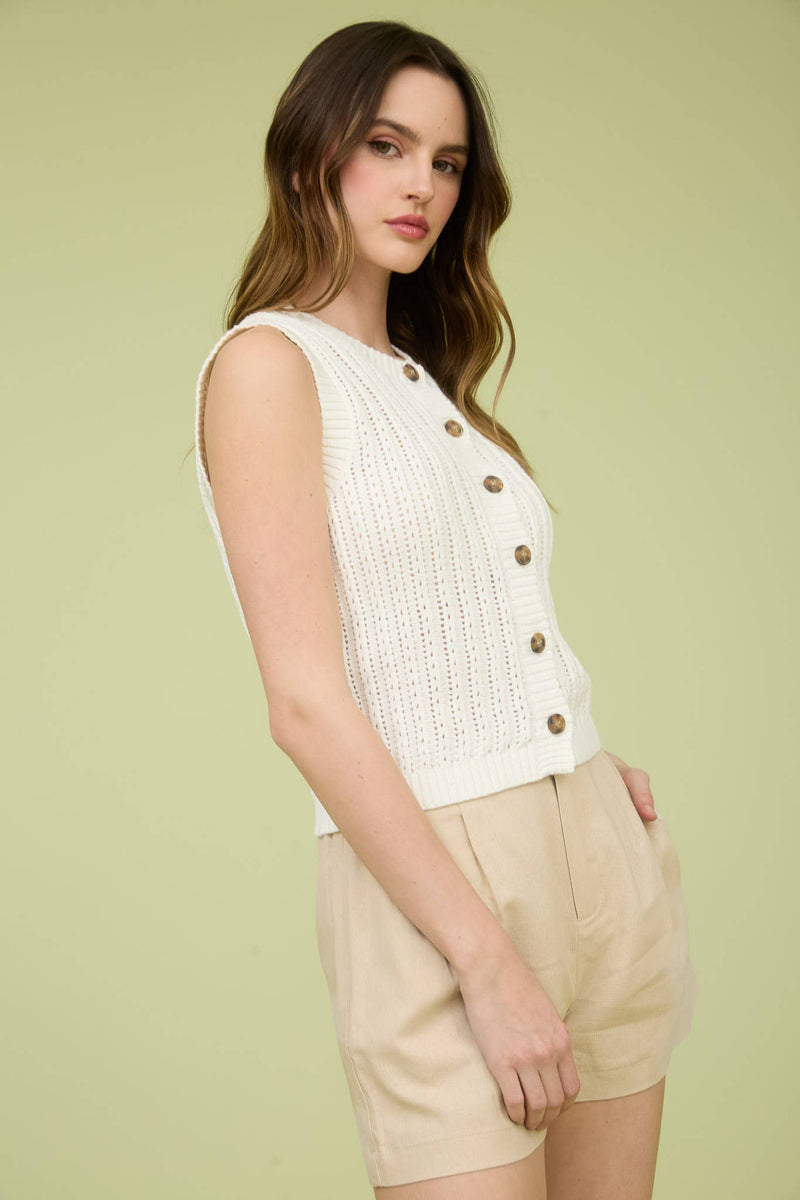 Crew Neck Button Down Sleeveless Knit Cardigan in Black