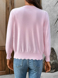 Lightweight Scalloped Edge V-Neck Knit Cardigan: Pink