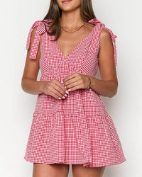 Gingham Bow-Strap V-Neck Ruffled Mini Dress in Red