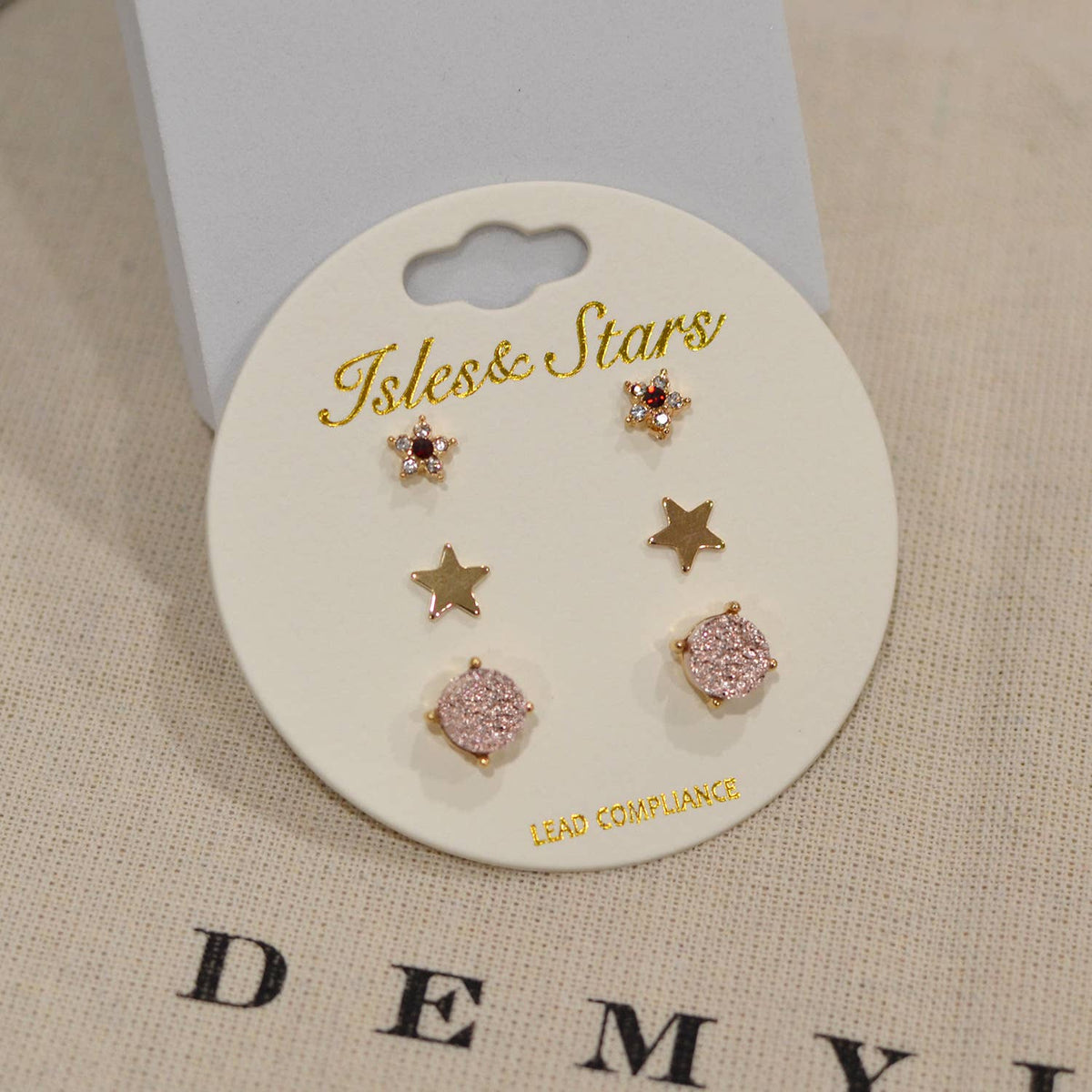 3 Pairs Small Stud Star with Stone/Metal Star/Druzy Earrings: Rose Gold