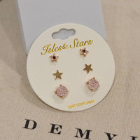 3 Pairs Small Stud Star with Stone/Metal Star/Druzy Earrings: Rose Gold