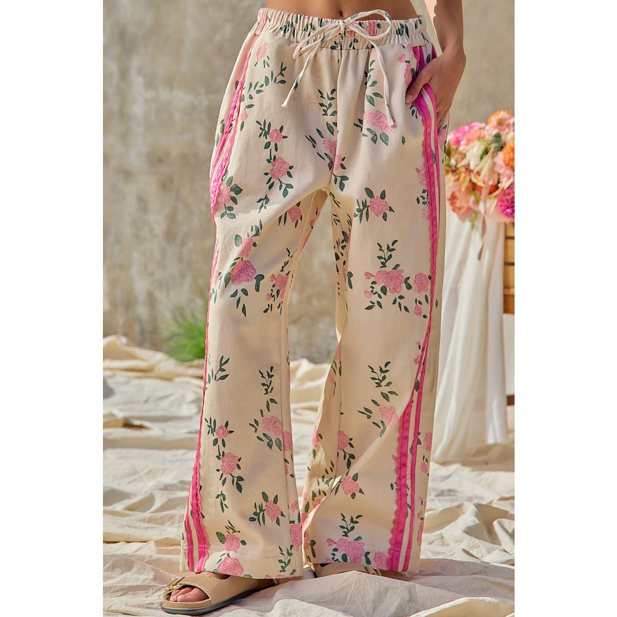 FLOWER PRINTED TWILL SIDE TRIM ELASTIC WAIST PANTS