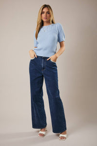 ROUND NECK PUFF SHORT SLEEVE CABLE SWEATER: APRICOT / M