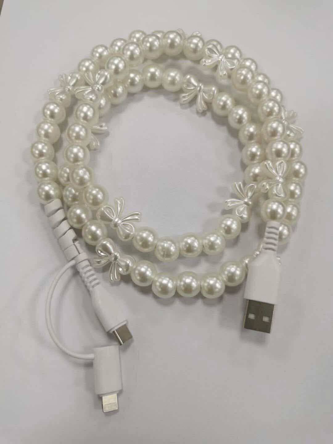 Beaded Pearl & Bow Phone Charging Cables