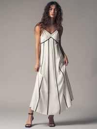 Striped White Maxi Dress with Contrast Piping in White/Black