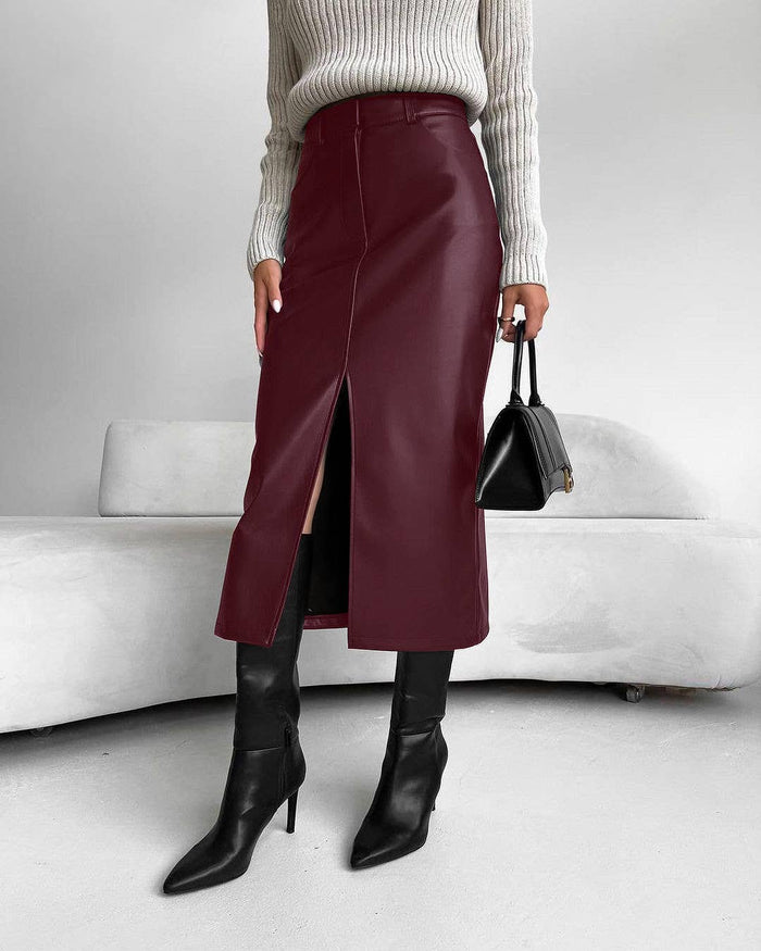 Vintage Leather Split Skirt in Wine