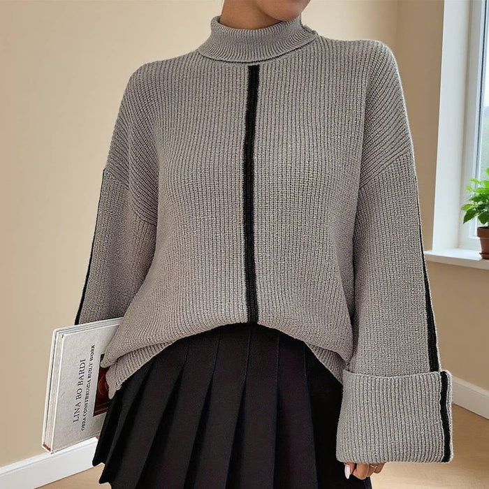 Pile Sleeve Casual High Neck Knit Sweater in GREY