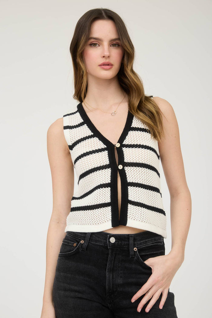 Stripe V-Neck Button Front Split Hem Knit Vest in White
