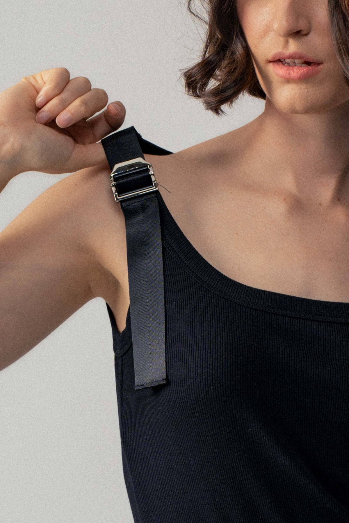 Ribbed Knit Tank Top with Buckle Strap in Black