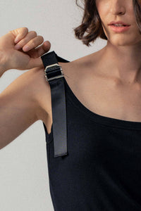Ribbed Knit Tank Top with Buckle Strap in Black