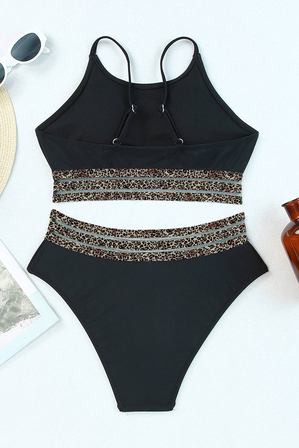 Leopard Mesh Trim Swimsuit in Black