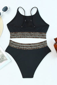 Leopard Mesh Trim Swimsuit in Black