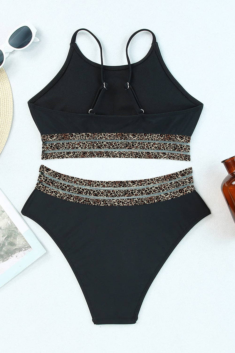 Leopard Mesh Trim Swimsuit in Black