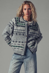 ** Nordic Pattern Button-Up Knit Cardigan: GREY / S/M-3:M/L-3