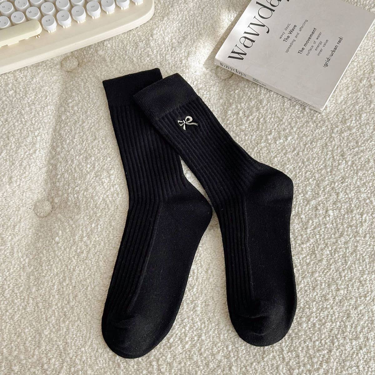 Bow Embroidered Crew Socks - Black, Beige, White Color Varieties