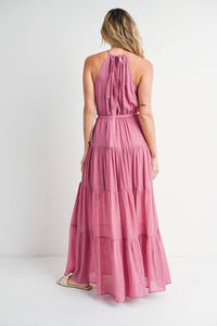 Tiered Halter Tie-Waist Maxi Dress in Rose