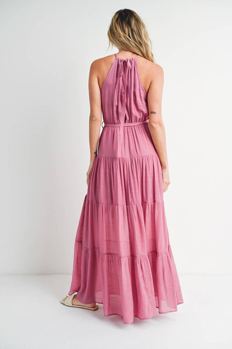 Tiered Halter Tie-Waist Maxi Dress in Rose