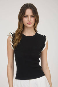 Ruffle Sleeve Sweater Knit Top in Black with Ruffle