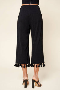 Stay Extra Tassel Trim Wide Leg Black Pants