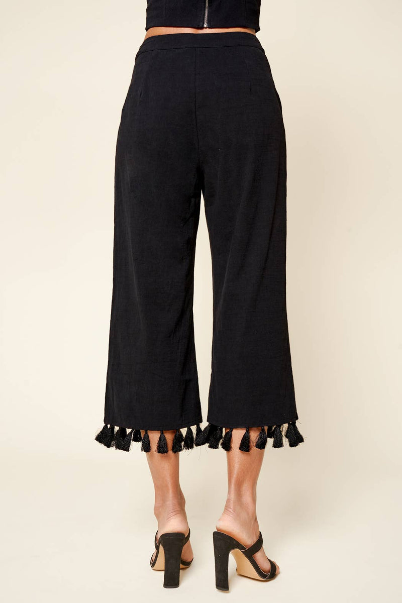 Stay Extra Tassel Trim Wide Leg Black Pants