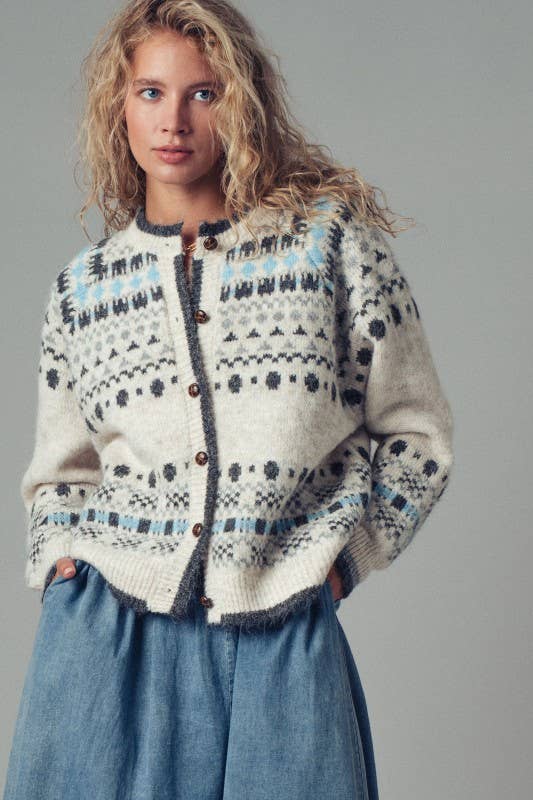 ** Nordic Pattern Button-Up Knit Cardigan in Ivory S/M-3:M/L-3