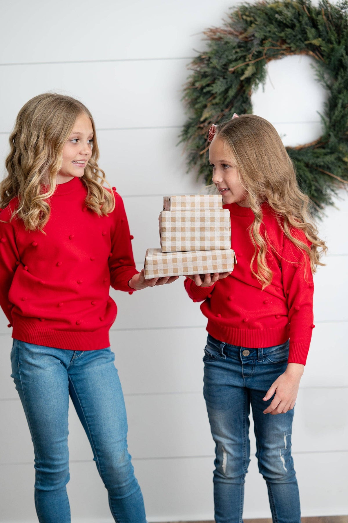 Kids Red Pom Pom Crewneck Sweater