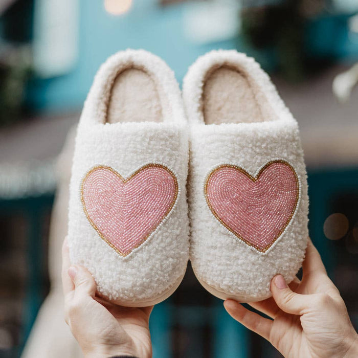 Beaded Pink & Gold Heart Slippers: White