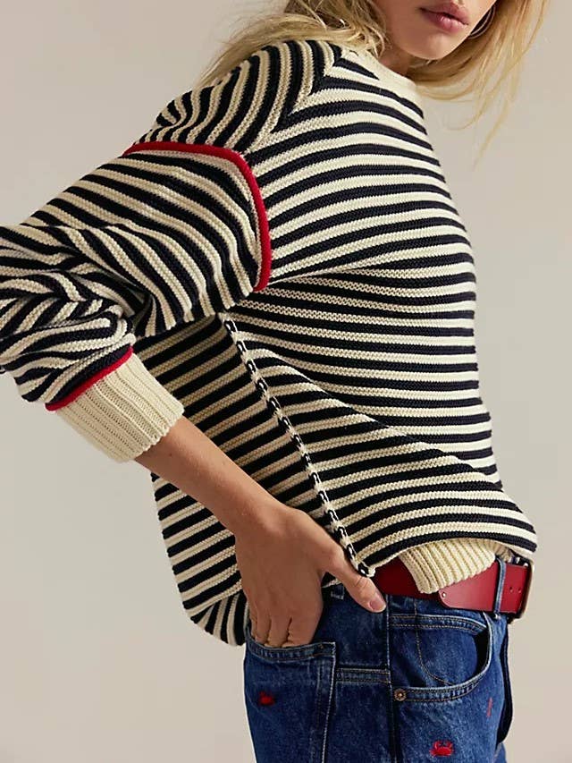 * Drop Shoulder Oversized Knit Sweater Pullover in Beige Stripe
