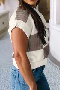 Checker Colorblock Short Sleeve Sweater in Khaki