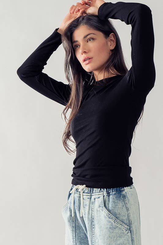 Solid Knit Casual Long Sleeve Top in Black