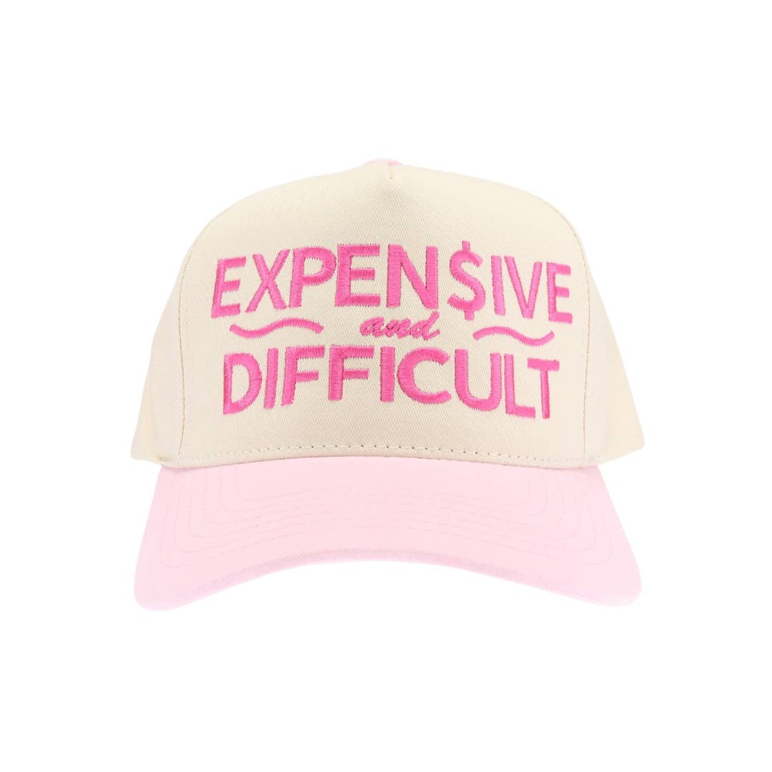 Expensive and Difficult Embroidered Trucker Hat in Light Pink