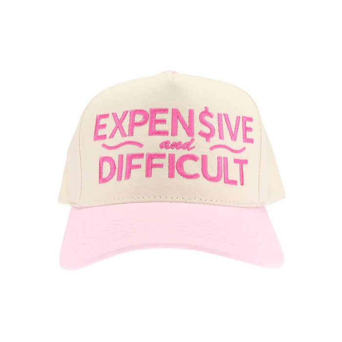 Expensive and Difficult Embroidered Trucker Hat in Light Pink