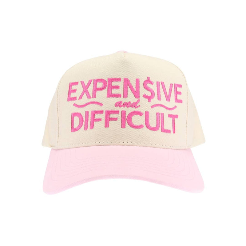 Expensive and Difficult Embroidered Trucker Hat in Light Pink