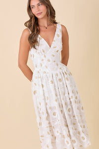 Low V-neck Floral Midi Dress in White