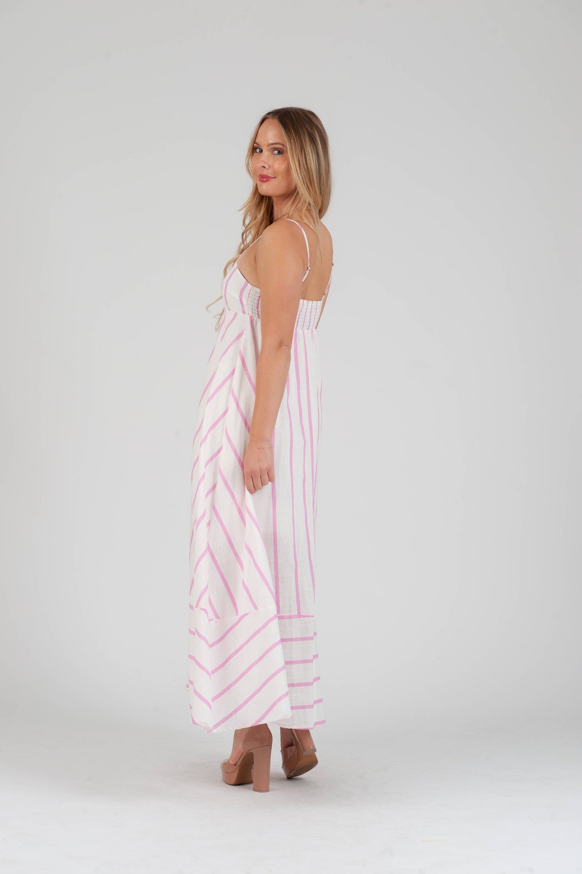 Women's Linen Pink Striped Maxi Strap Dress